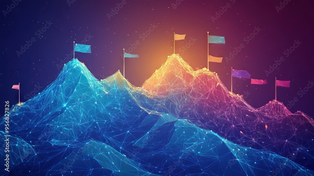 Poster abstract digital mountains range with flags in a futuristic low poly style. path to success and busi