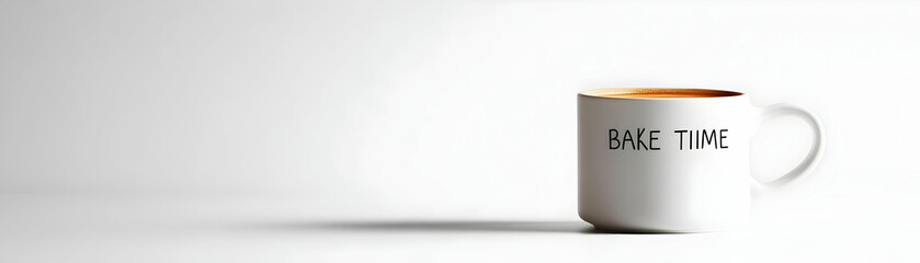 Coffee mug and Break Time text isolated on white background concept as Camera movement Pan across the coffee mug and text. Scene Isolated white background with sleek and modern design elements. Detail