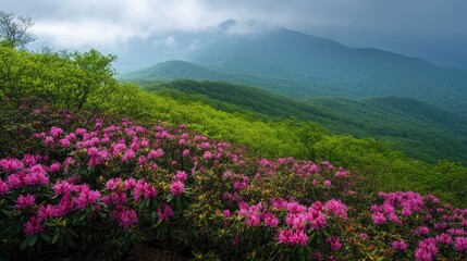 Obraz premium A hillside covered in blooming rhododendrons, with a misty mountain view in the background.
