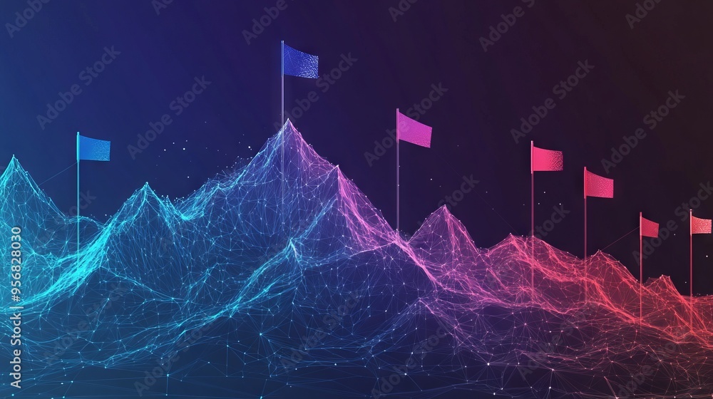 Poster abstract digital mountains range with flags in a futuristic low poly style. path to success and busi