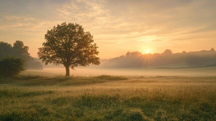 Fototapeta premium A misty morning in the countryside, with a lone tree standing in a field of dewy grass, the sun just beginning to rise.
