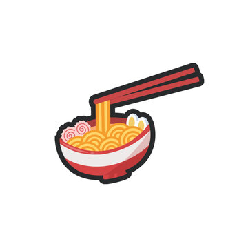 recommend clip art: ramen noodle in a bowl and chopstick with outline flat vector design.