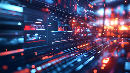 Obraz premium Content creator editing videos in a glossy abstract virtual meeting concept as Camera movement Pan across the screen showing video editing software with a glossy abstract interface. Scene A creative w