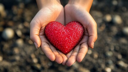 Obraz premium Closeup of hands holding a red heart.