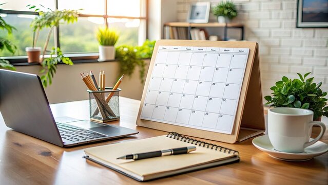 A modern calendar lies open on a desk, surrounded by pens, papers, and a laptop, with a clock and a planner in the background.