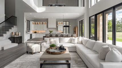 Modern open-concept living area with large windows and inviting neutral decor in daytime setting