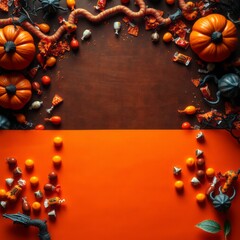 Halloween top border of scattered candy and decor, above view over an orange banner background with copy space, backgrounds for halloween, Ultra realistic, Photorealistic 