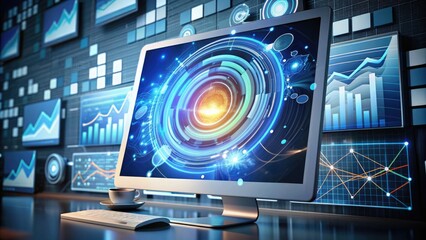 Fototapeta premium A modern computer screen displaying a swirling vortex of 1s and 0s surrounded by icons of folders, charts, and graphs, representing data analysis and processing.