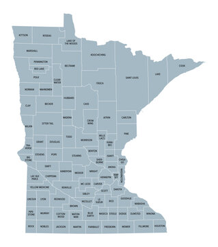Minnesota counties, gray political map. Minnesota, a state in the Upper Midwestern region of the United States, subdivided into 87 counties. Map with boundaries and county names. Illustration. Vector