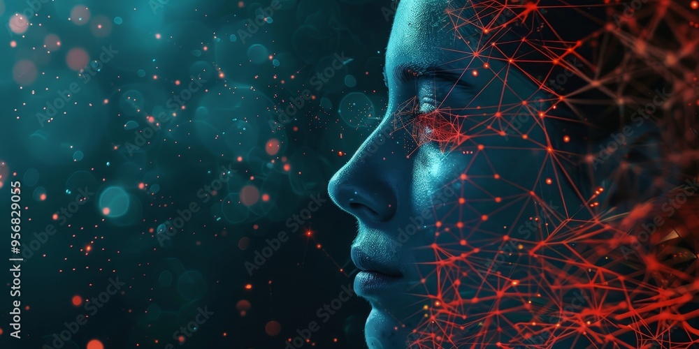 Poster a human face merged with a digital network pattern, illustrating the intersection of technology and 