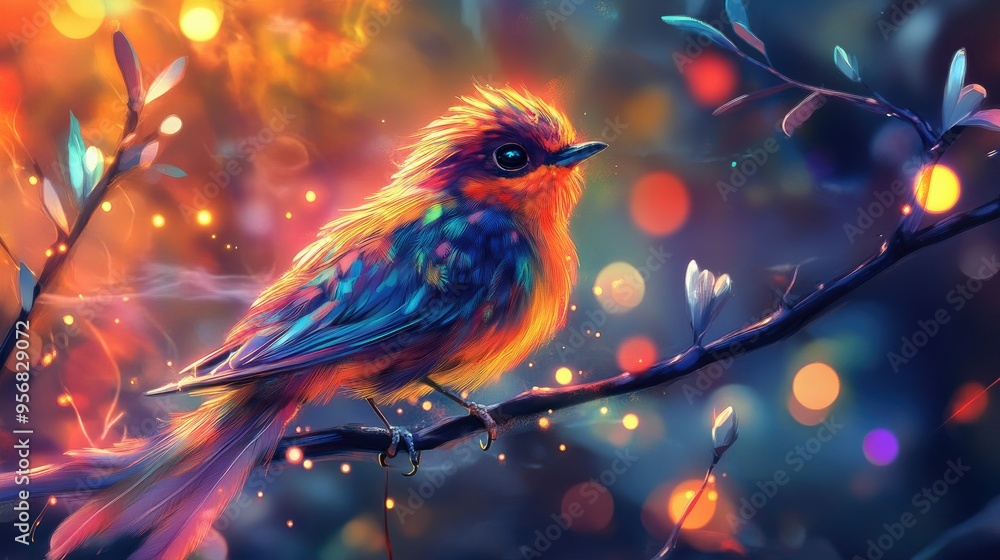 Poster close-up of a striking bird with elaborate feather details, perched on a branch, with a background o
