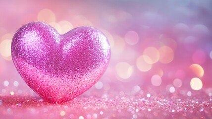 Obraz premium Glittering pink heart surrounded by a dreamy bokeh background, creating a magical and romantic atmosphere.