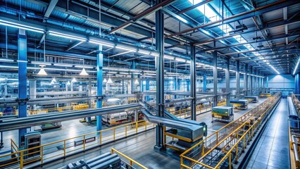 Fototapeta premium A modern factory interior with rows of machinery, pipes, and catwalks, illuminated by overhead lights, conveying a sense of efficiency and industrial productivity.