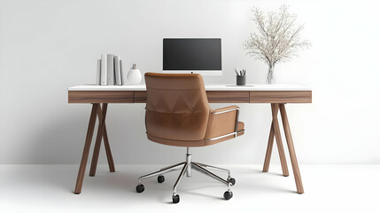 Desk and chair with Comfort Matters text isolated on white background concept as Camera movement Focus on the desk and chair emphasizing ergonomic design. Scene Minimalist setup with isolated white ba