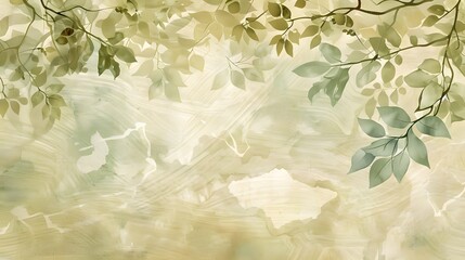 Abstract Watercolor Painting of Green Leaves and Branches