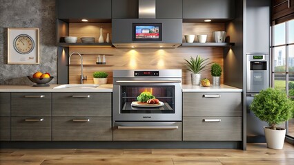 Fototapeta premium A modern kitchen interior features a sleek oven with a digital display showing a rotating advertisement for a popular cooking show on its screen.