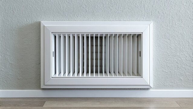 A modern HVAC vent register with adjustable damper lies flush against a clean, white wall, awaiting installation in a contemporary residential or commercial space.