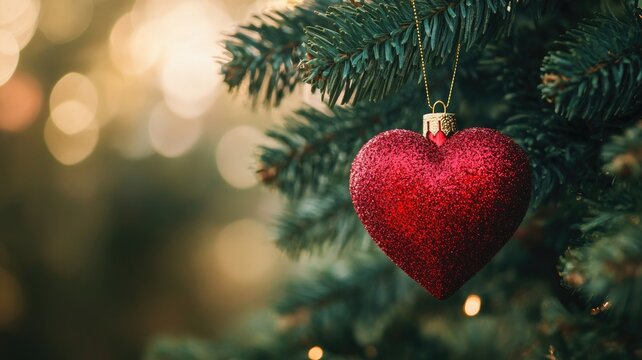 A glittery red heart ornament hangs delicately from a Christmas tree, adding a touch of love to the festive season. - Powered by Adobe