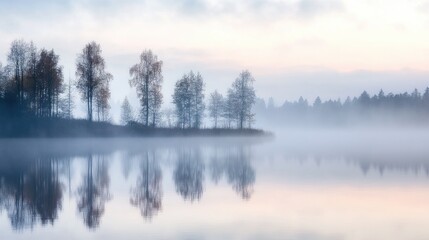 Fototapeta premium A calm, foggy morning by the lake, with silhouettes of trees reflected in the still water and a hint of dawn light.