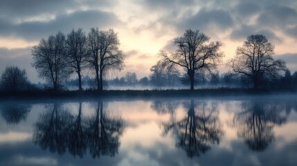 A calm, foggy morning by the lake, with silhouettes of trees reflected in the still water and a hint of dawn light.