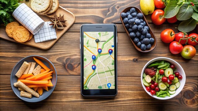 A modern smartphone displaying a fitness tracking app with run data and GPS route maps, surrounded by athletic equipment and healthy snacks on a wooden table.