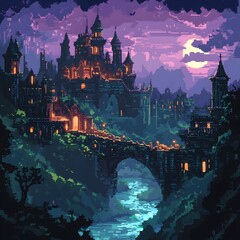Fototapeta premium Mystical Pixel Art Vision of a Medieval Fantasy Kingdom with Towering Castles and Fantastical Creatures