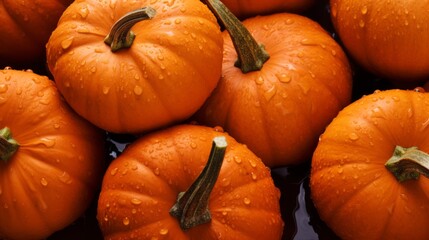 Pile of fresh pumpkins with glistening droplets of water. Advertising photography. Neural network ai generated art