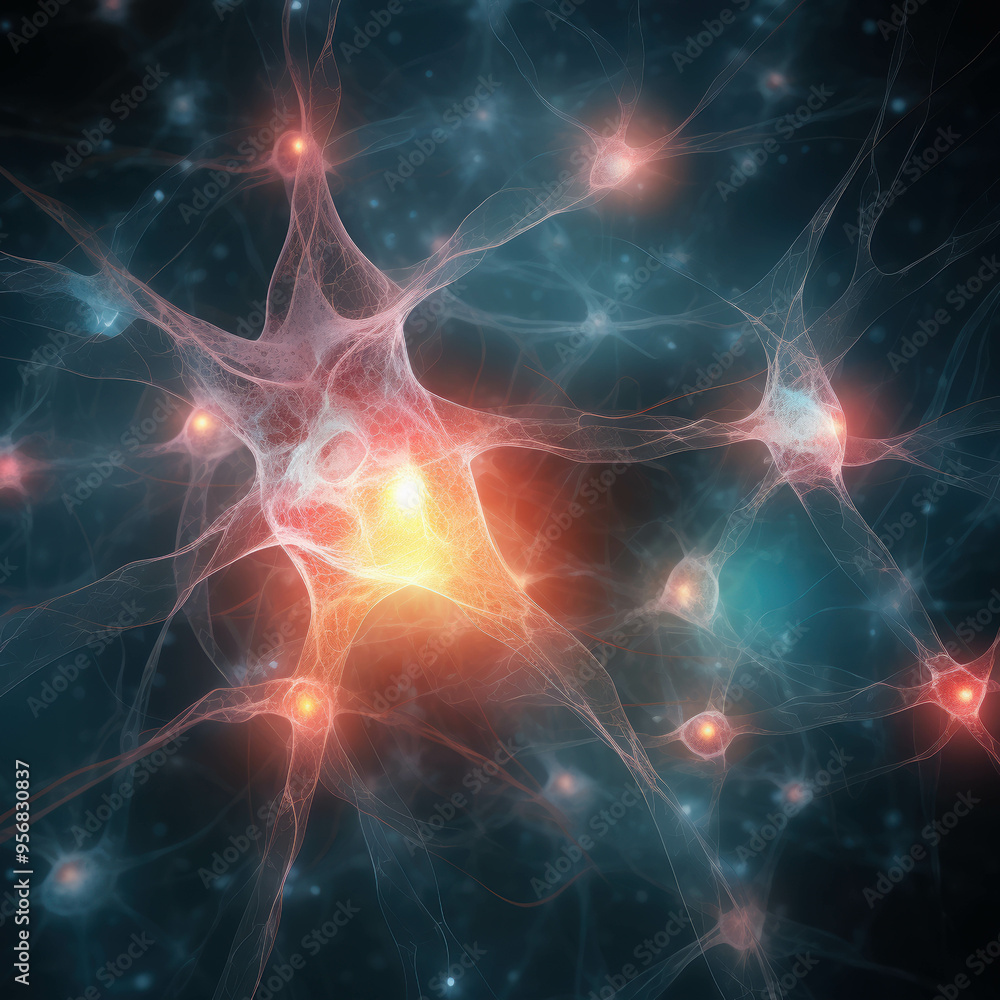 Poster cosmic neural network: a mesmerizing abstract depiction of a neuron firing, with glowing nodes and i