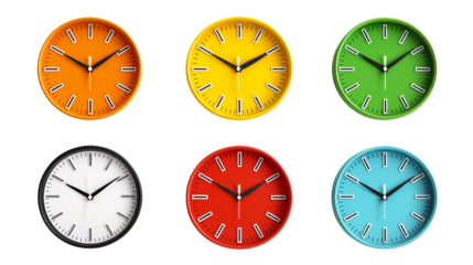Collection of colorful wall clocks in orange, yellow, green, white, red, and blue isolated on a transparent background, ideal for time management concepts, design projects, and interior decor