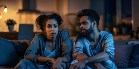 A couple in pajamas sitting on the couch at night, having a serious conversation about their sleep problems