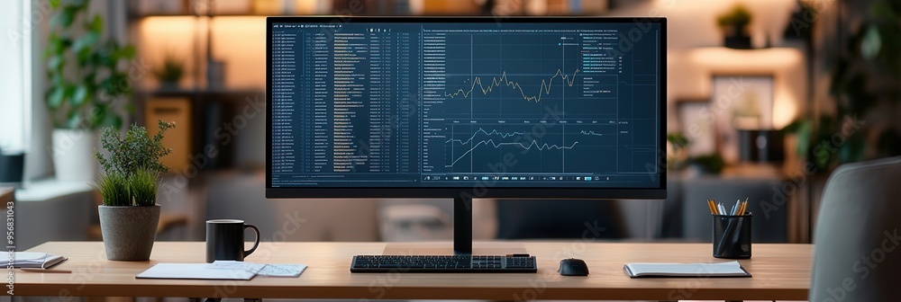 Aufkleber An expert is deeply focused on a large monitor, analyzing data while surrounded by a neat workspace with coffee and notes. Generative AI