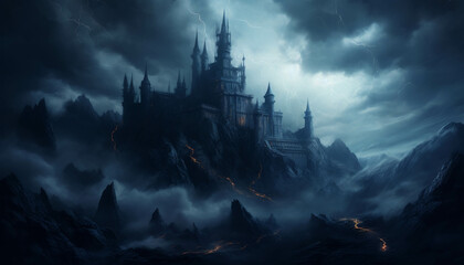 Fototapeta premium Gothic Fortress of Shadows: A forbidding castle perched atop a craggy peak, shrouded in an eerie, atmospheric darkness, with winding paths of molten lava illuminating the stormy night.