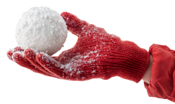 Hand in red glove holding a snowball isolated on a transparent background, perfect for winter themes, holiday promotions, and seasonal designs