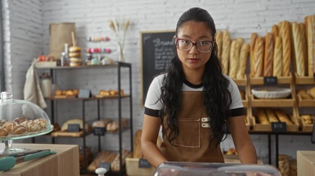 Young woman working in a bakery shop with shelves of bread and pastries behind her in a cozy indoor setting.