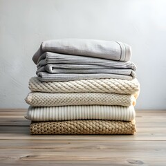 A stack of cozy knitted blankets in neutral colors. perfect for a touch of warmth and comfort.