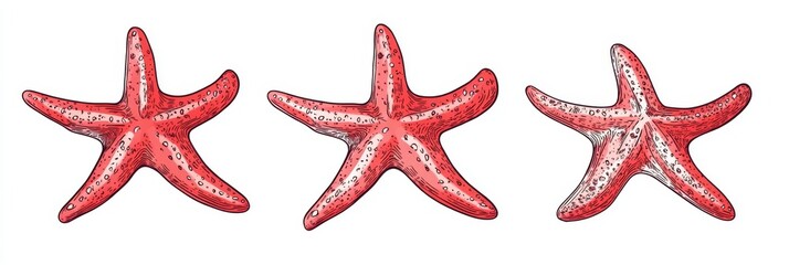 Doodle style set of three vibrant red starfish against a white background