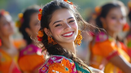 A group of dancers performing a jubilant folk dance, their faces radiating happiness and communal...