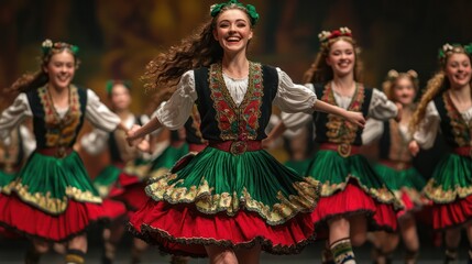 A group of young women are dancing in traditional costumes