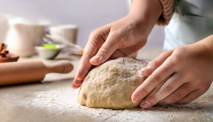 Fototapeta premium Woman kneading flour in kitchen, closeup 