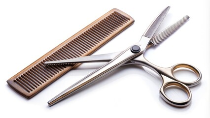 A pair of sharp scissors and a wide-tooth comb lie isolated on a white background, ready for use in hairstyling and grooming tasks.