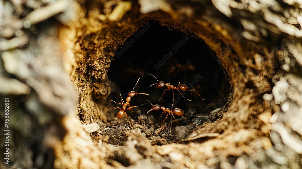 Poster close-up of an ant nest with several ants emerging, focusing on the entrance and the busy activity o