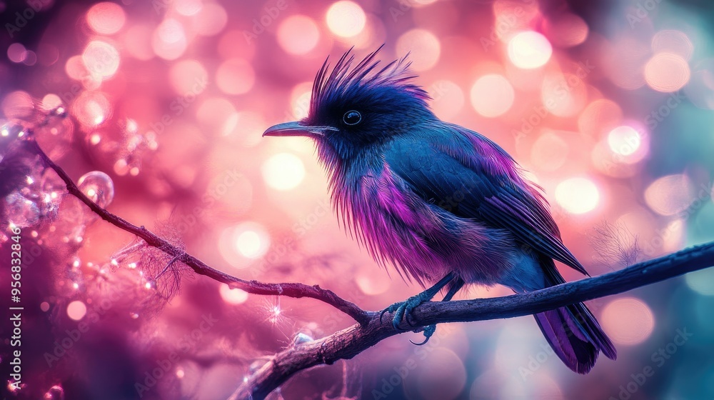 Poster close-up of an elegant bird with striking feathers, perched on a branch, with a dazzling background 