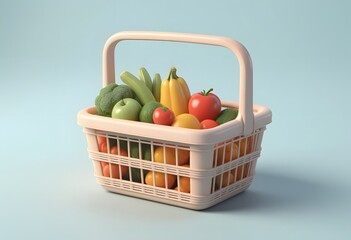 Shopping basket with groceries. Full red plastic grocery or food cart with products in cartoon style, side view, isolated on white. 3d rendering.
