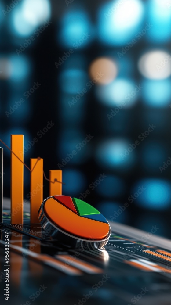 Poster abstract financial stock image with colorful pie chart and bar graph on digital background, represen