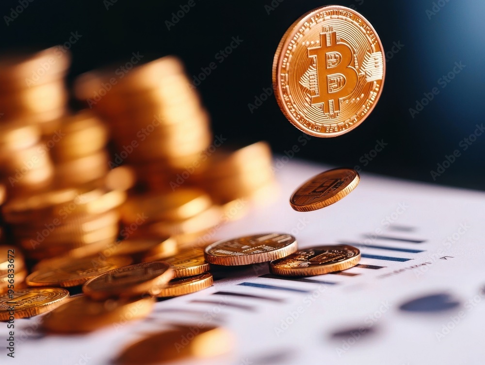 Poster close-up of a bitcoin coin in focus, with a blurred stack of other coins on a bar graph, representin