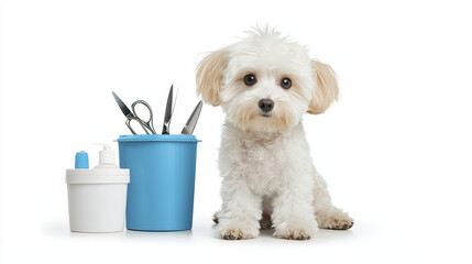 Fluffy white dog sitting beside grooming tools, showcasing professional grooming setup.