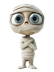 Adorable cartoon mummy character with large eyes wrapped in bandages. 3D rendering on a white background. PNG format.