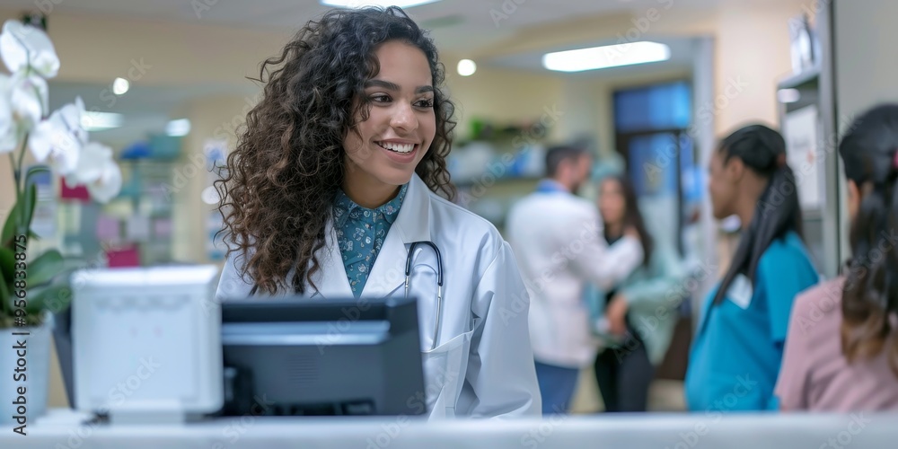 Poster healthcare receptionist scheduling appointments and managing patient check-ins efficiently