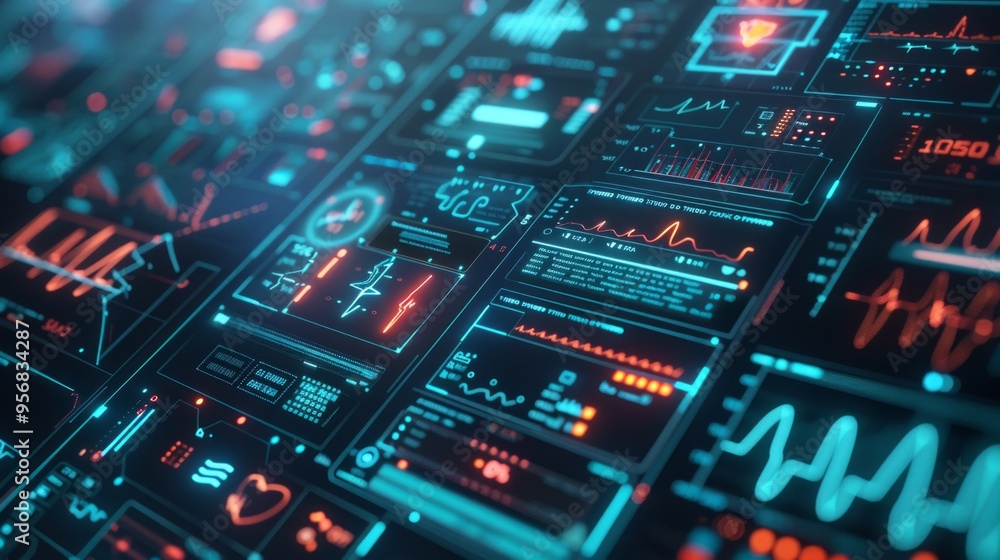 Poster high-tech healthcare dashboard with glowing code and symbols for advanced ai tools used by providers
