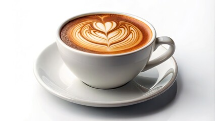 A pristine white ceramic cup filled with a rich, dark roasted coffee, adorned with a delicate swirl of creamy foam, on a clean white background.